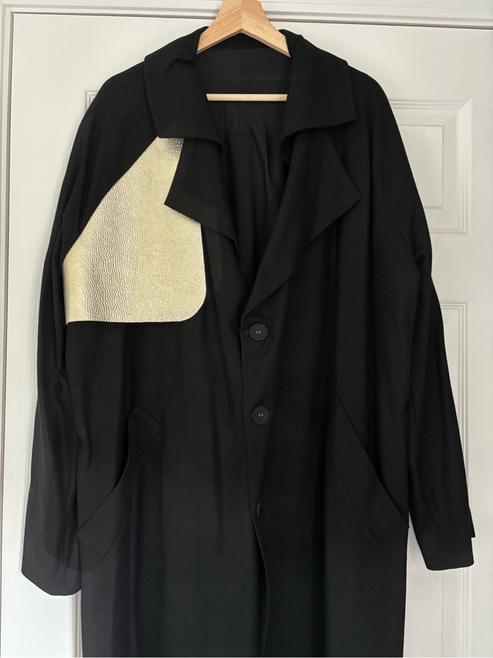 Handcrafted Black Wool & Cashmere Long Coat with Metallic Gold Leather Panel